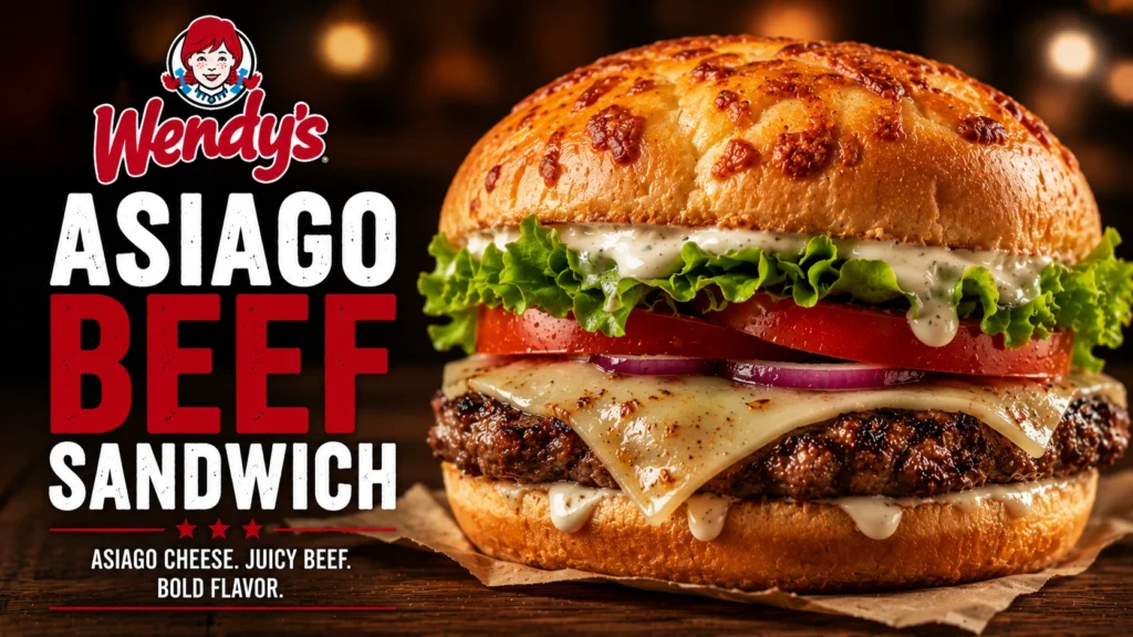 A hearty asiago beef sandwich layered with lettuce, tomato, onion, and melted cheese on a toasted bun.