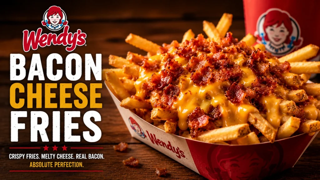 A serving of Wendy's bacon cheese fries topped with crispy bacon and melted cheese, served in a red container.