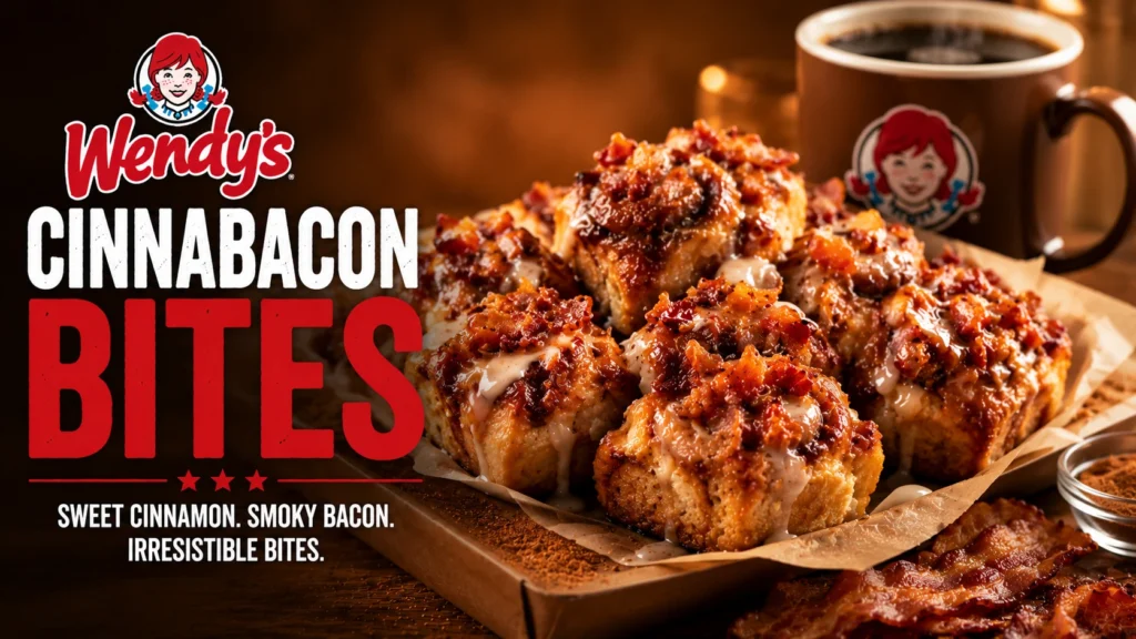A close-up of Wendy's Cinnabon Bites, featuring golden-brown pastries drizzled with icing on a white plate.