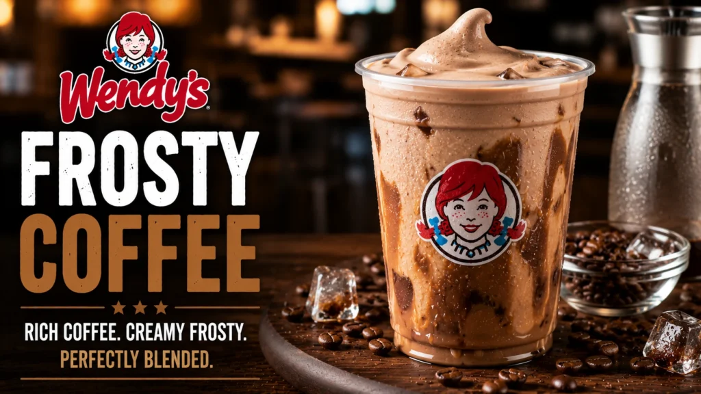 A frosty coffee drink from Wendy's, showcasing a creamy texture topped with whipped cream and a chocolate drizzle.