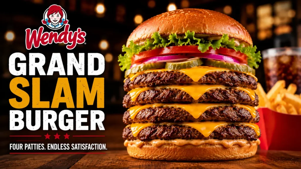 Wendy's Grand Slam Burger displayed on a wooden table, showcasing its layers of beef, cheese, and fresh toppings.