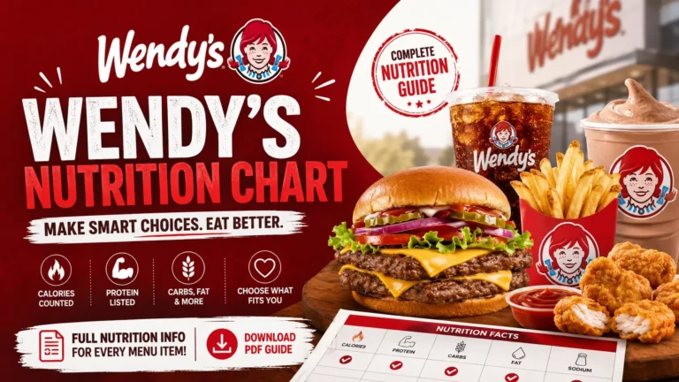 Wendy's Nutrition chart displaying calorie counts and nutritional information for menu items.