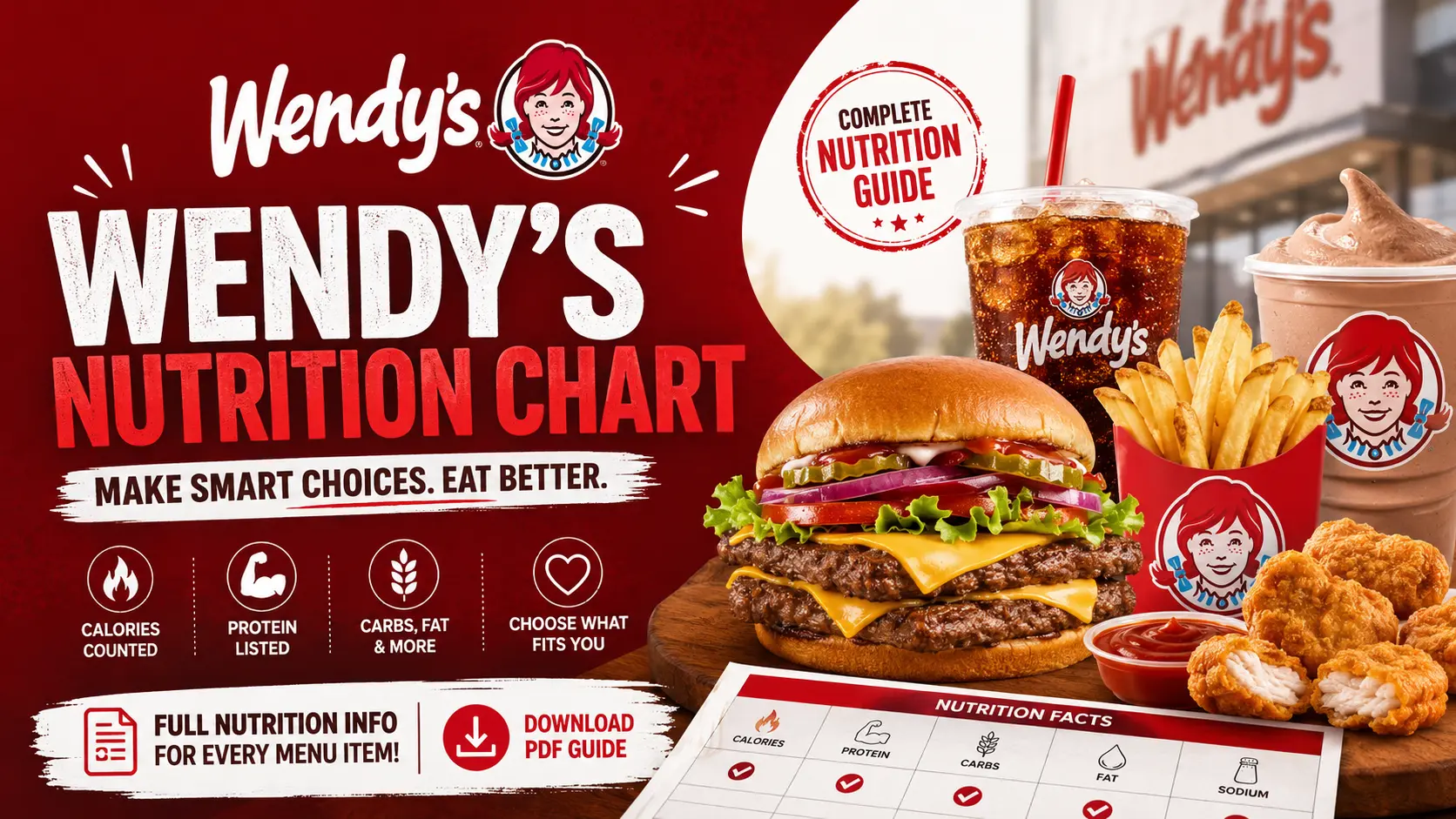 Wendy's Nutrition chart displaying calorie counts and nutritional information for menu items.