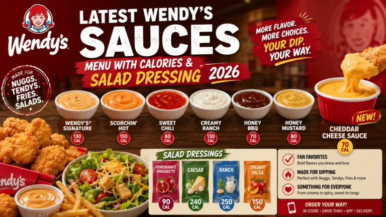 A selection of Wendy's sauces and salad dressings displayed on a 2026 menu, showcasing various flavors and options.