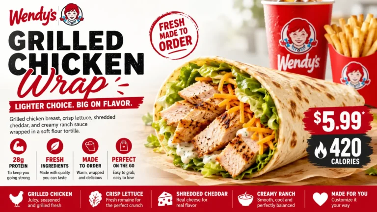 Wendy's chicken wrap features grilled chicken breast, lettuce and sauce in a soft tortilla.