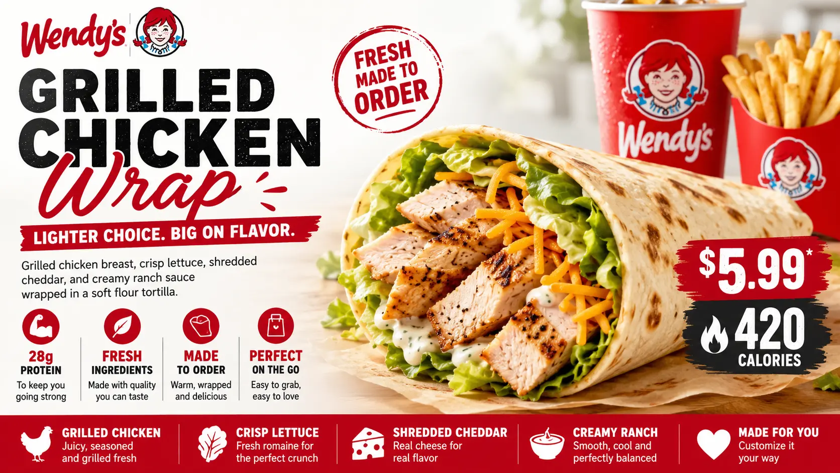Wendy's chicken wrap features grilled chicken breast, lettuce and sauce in a soft tortilla.