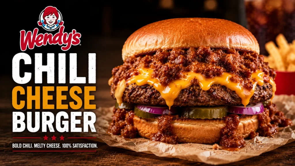 A Wendy's chili cheese burger featuring a beef patty, chili, cheese, and toppings on a toasted bun.