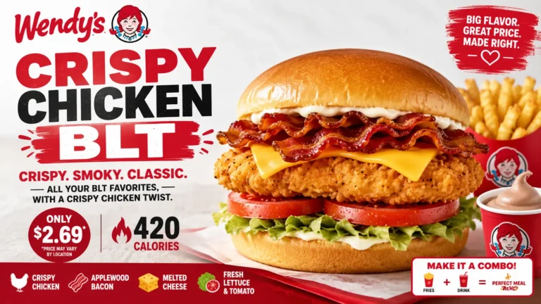 Wendy's crispy chicken BLT sandwich with crispy chicken, crispy bacon, fresh lettuce, and ripe tomato on a toasted bun.