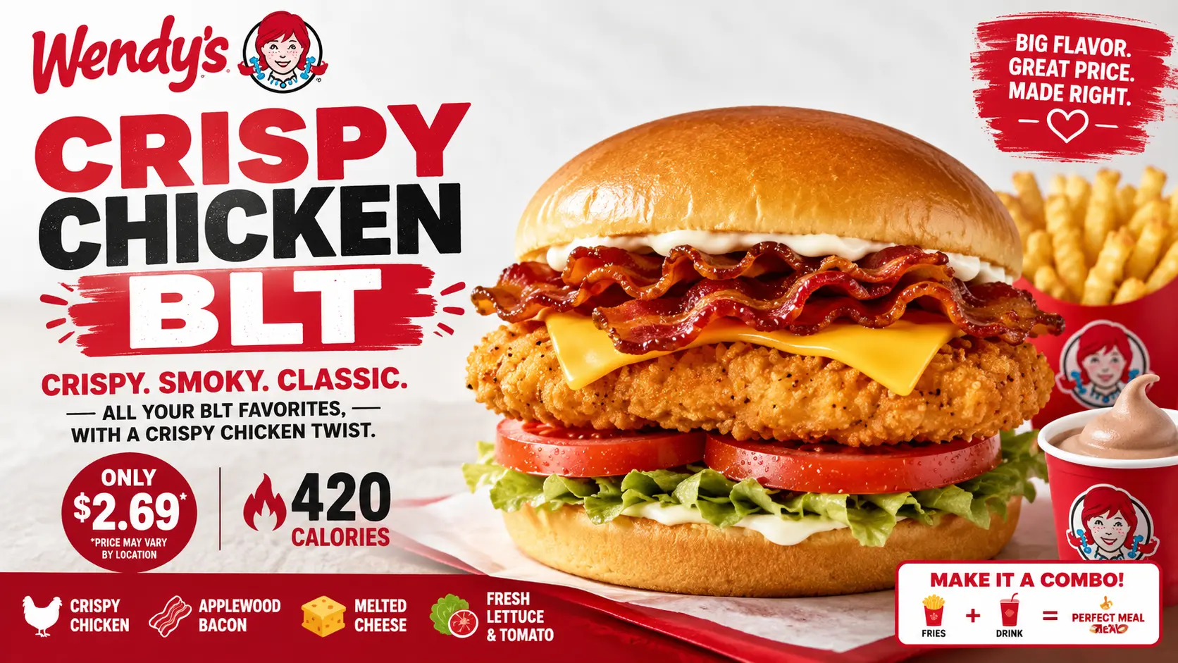 Wendy's crispy chicken BLT sandwich with crispy chicken, crispy bacon, fresh lettuce, and ripe tomato on a toasted bun.