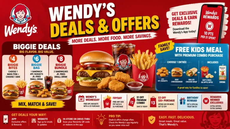 Visual representation of Wendy's deals and offers, including images of discounted meals and promotional pricing details.
