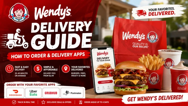 A Wendy's delivery guide featuring menu items, delivery options, and promotional offers for customers.