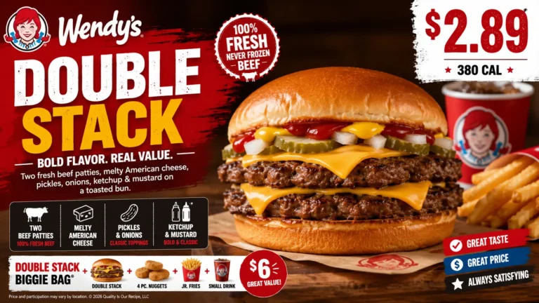 A Wendy's Double Stack burger featuring two beef patties, cheese, lettuce, tomato, and pickles on a toasted bun.