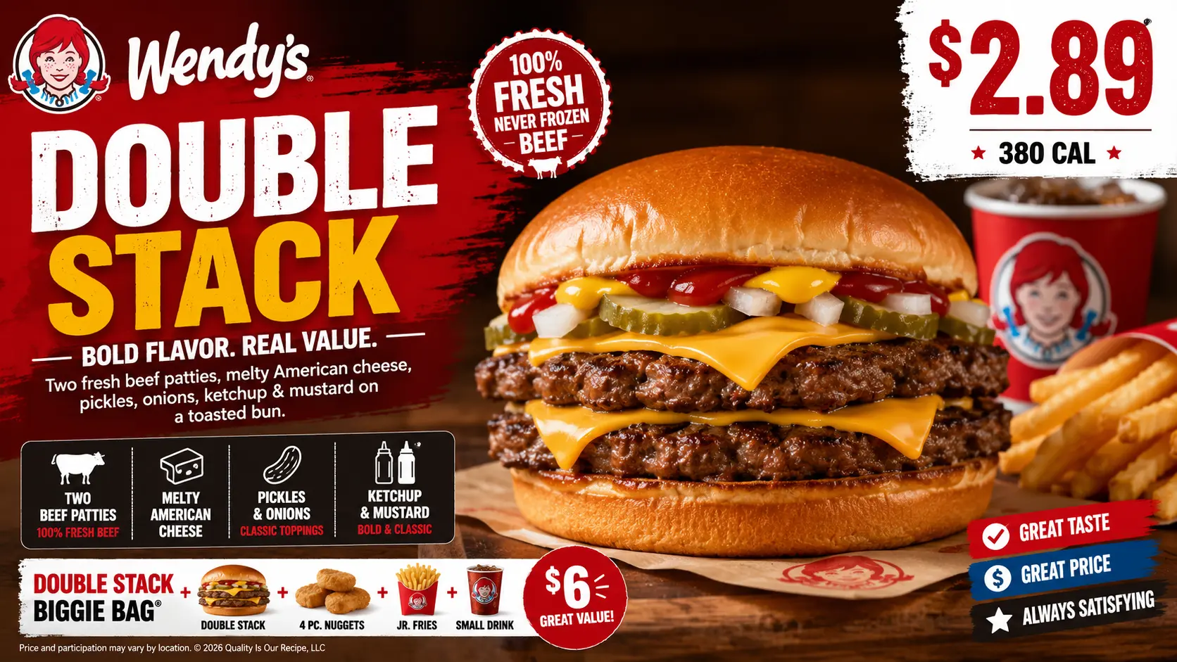 A Wendy's Double Stack burger featuring two beef patties, cheese, lettuce, tomato, and pickles on a toasted bun.