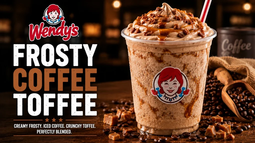 A cup of Wendy's Frosty Coffee Toffee, featuring a creamy texture topped with toffee bits and a chocolate drizzle.