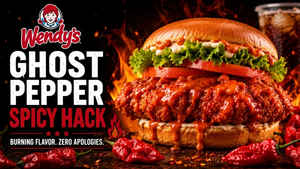 A burger featuring the text "Wendy's Ghost Pepper Spicy Hack" prominently displayed on the bun.