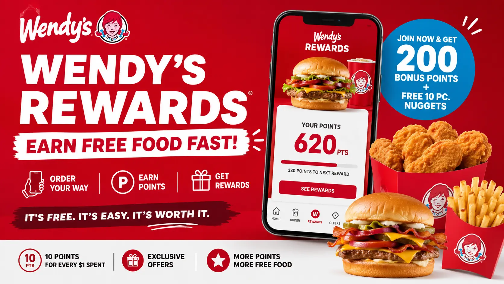 Screenshot of the Wendy's rewards app displaying menu items and points balance for customer rewards.