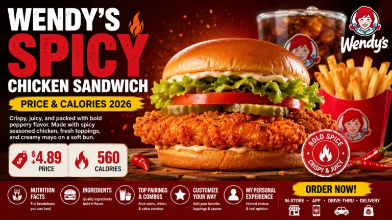 A Wendy's spicy chicken sandwich featuring a crispy chicken patty, lettuce, tomato, and spicy mayo on a toasted bun.
