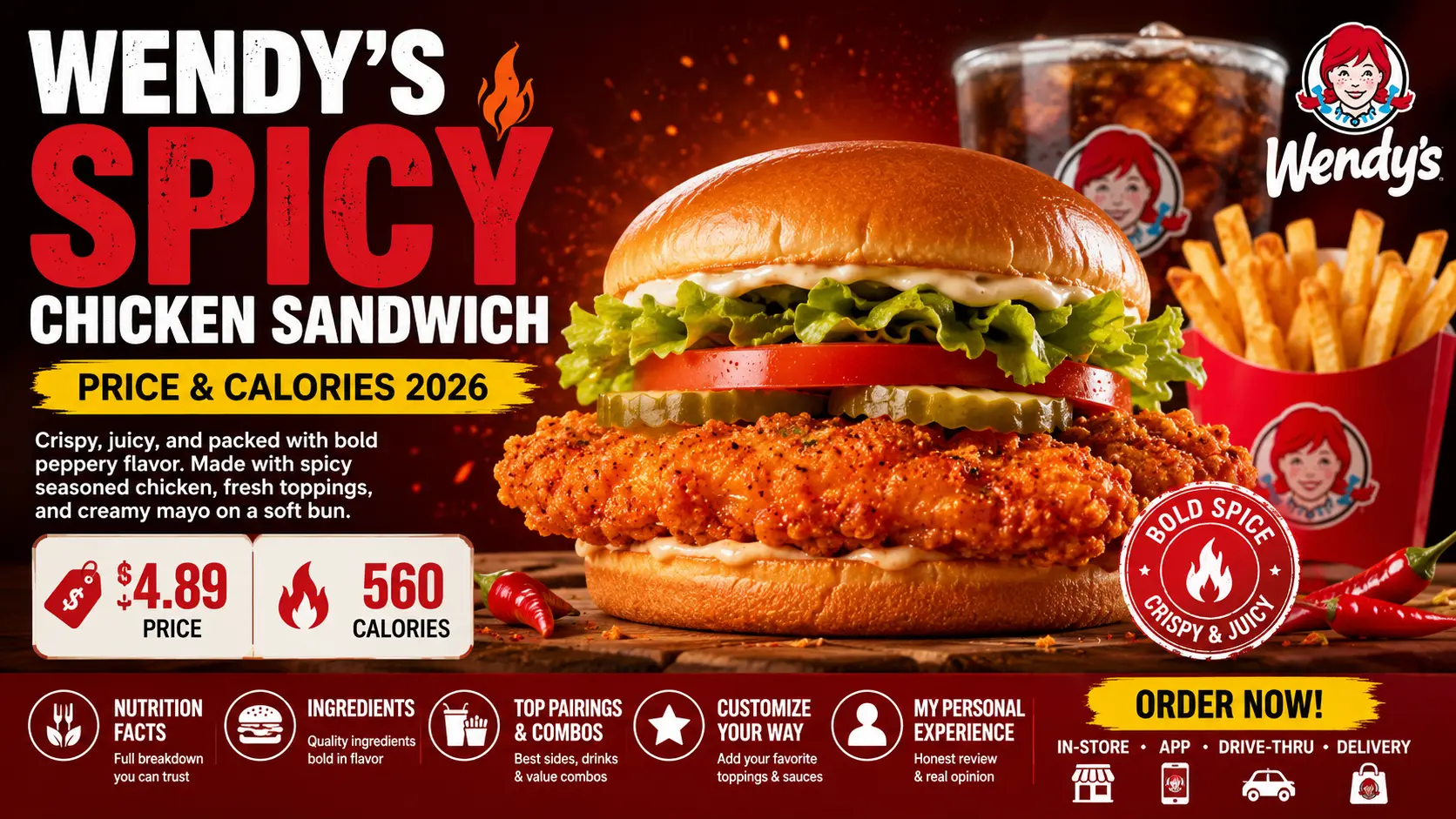 A Wendy's spicy chicken sandwich featuring a crispy chicken patty, lettuce, tomato, and spicy mayo on a toasted bun.