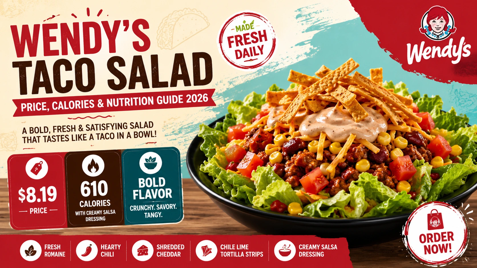 A flyer for Wendy's taco salad showcasing the dish with fresh ingredients and promotional details in bold lettering.