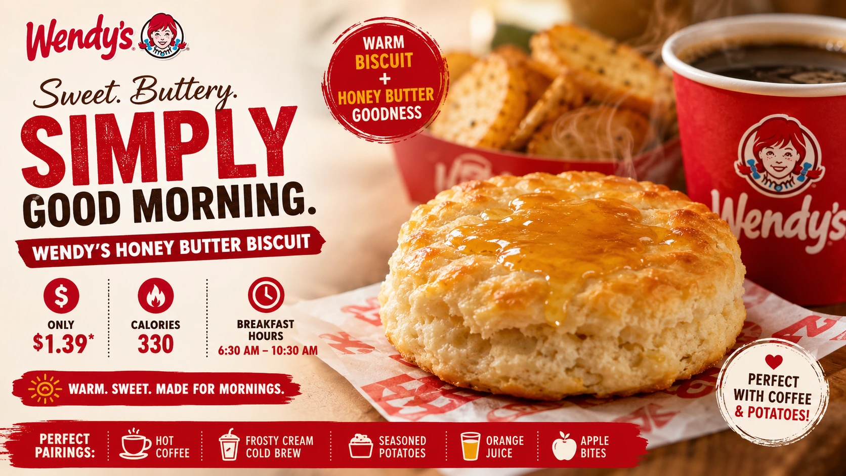A close-up of Wendy's honey butter biscuit from the new breakfast menu, highlighting its warm, buttery appearance.