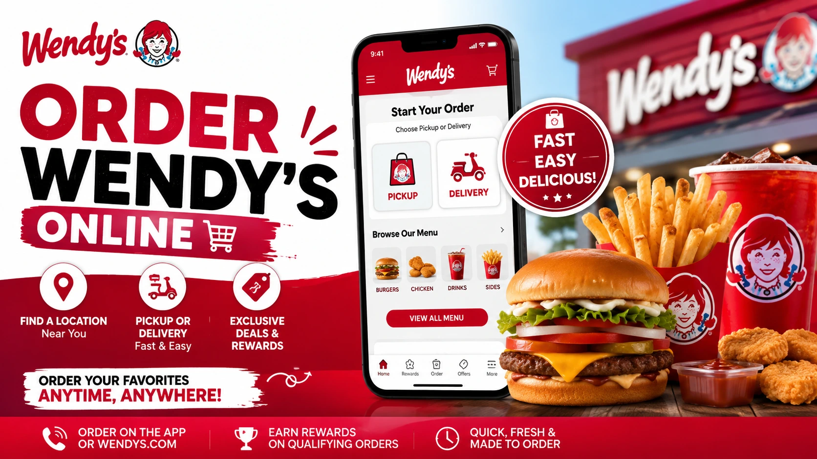 An image displaying the Wendy's Order interface, featuring various food choices and a cart summary.